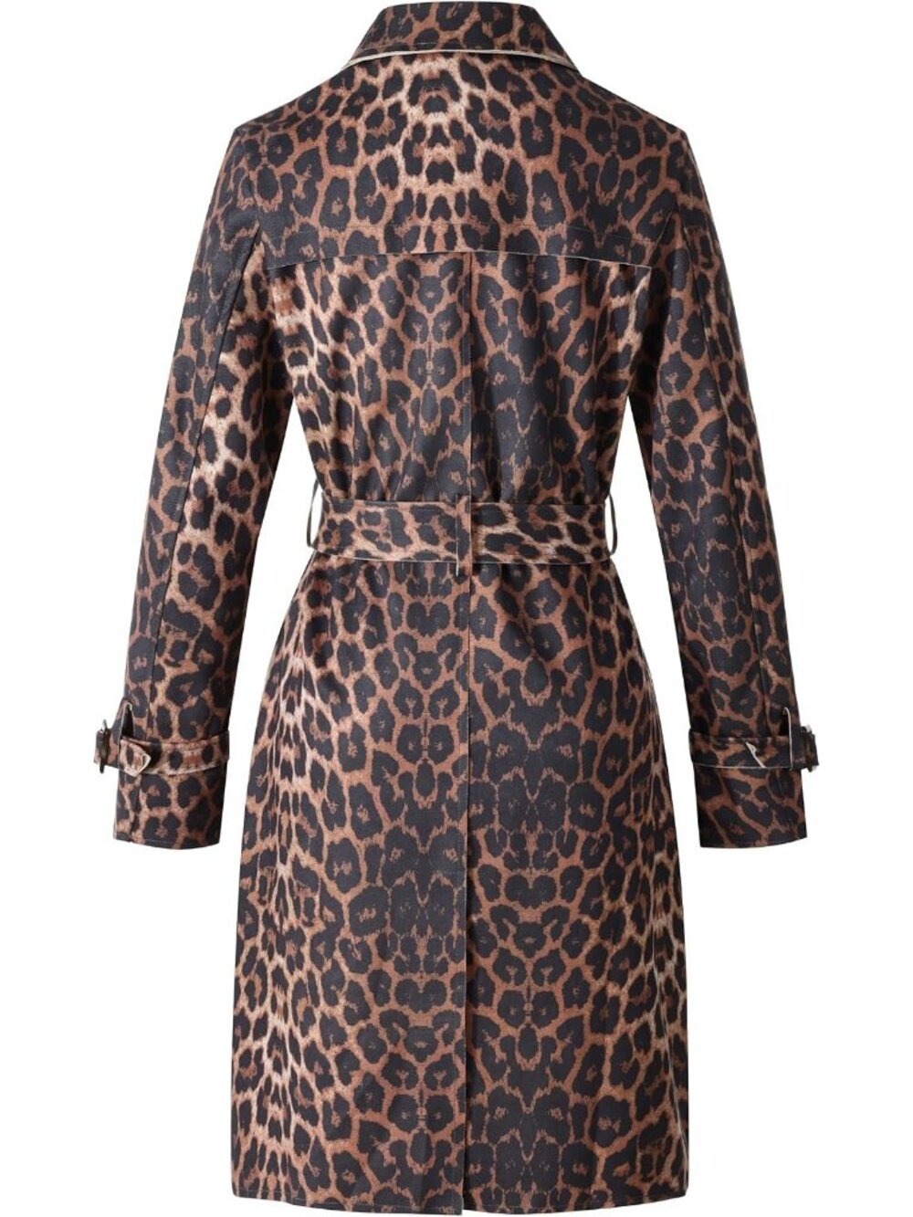 Women's Leopard Polyester Long Sleeve Classic Cuffs Pockets Trench Coat Jackets - Picture 4 of 7